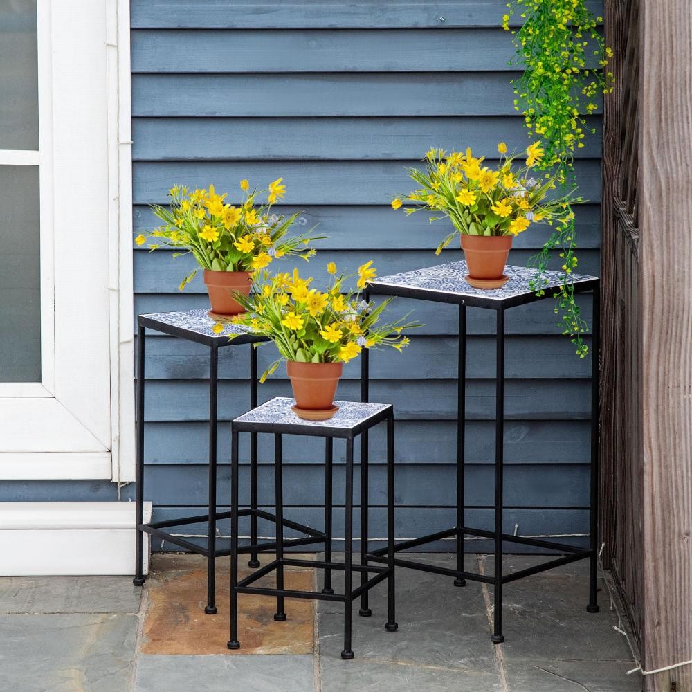 Support pots de fleurs 3 pièces - lot de 3 étagères à fleurs - portes  plantes empilables - métal époxy plateaux carreaux céramique bleu - Pot,  jardinière et bac à fleur 