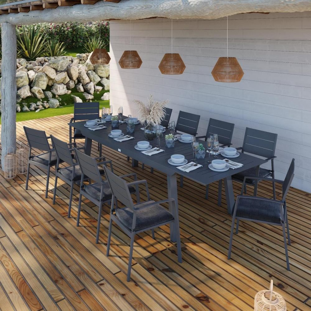Table de jardin extensible aluminium anthracite 216/300cm + 10 fauteuils  empilables - LUXEMBOURG - Table de jardin - Mobilier de jardin - Jardin et  Plein air