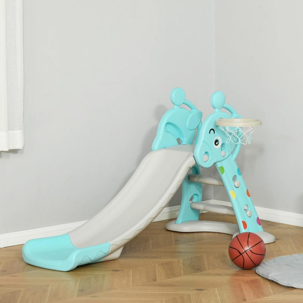 Toboggan enfant avec panier de basket-ball usage intérieur et extérieur  dim. 140 x 87 x 75 cm bleu et gris - Balançoire et toboggan - Jeux  d'exterieur et de jardin - Enfants
