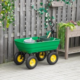 Chariot de jardin à main benne basculante 75° 125L charge max. 200 Kg 4 roues pneumatiques acier PP jaune vert