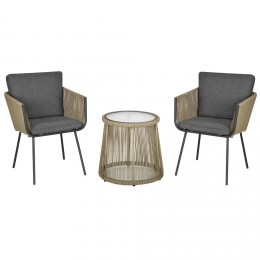 Ensemble salon de jardin 3 pièces style colonial 2 fauteuils avec coussins gris + table basse résine filaire beige acier époxy noir