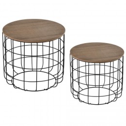 Lot de 2 tables basses gigognes tables d'appoint rondes encastrables style industriel métal noir panneaux particules imitation bois