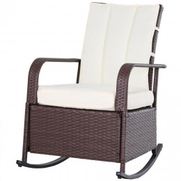 Rocking chair fauteuil à bascule grand confort style cosy coussins assise dossier déperlant crème résine tressée imitation rotin chocolat