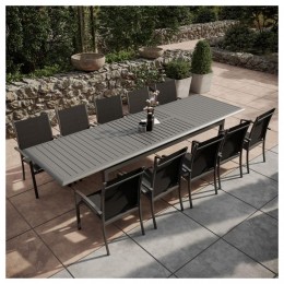 Table de jardin extensible aluminium 220/320cm  + 10 Fauteuils empilables textilène Gris Anthracite - ANDRA XL