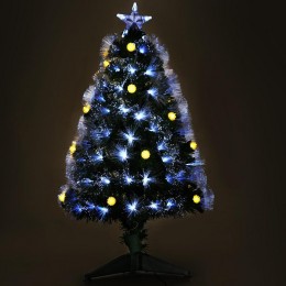 Sapin de Noël artificiel lumineux fibre optique LED + 14 ampoules + support pied Ø 48 x 90H cm 90 branches étoile sommet brillante vert
