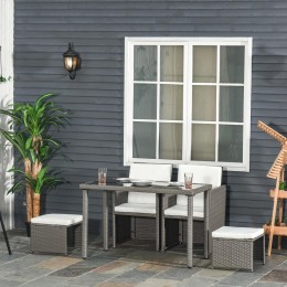 Ensemble salon de jardin encastrable 2 fauteuils monoblocs + 2 tabourets + table basse résine tressée coussins déhoussables crème gris
