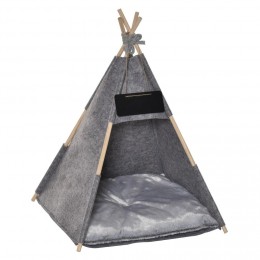 Tente tipi pour animaux - teepee chat ou chien - coussin épais grand confort inclus - structure bois de pin feutre peluche PV gris