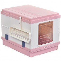 Maison de toilette pliable portable pour chat tiroir à litière coulissant porte battante transparente + pelle fournis 43L x 54l x 42H cm rose