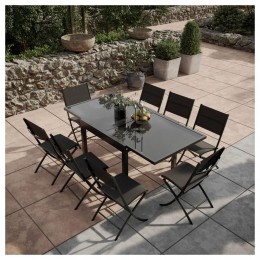 Table de jardin extensible aluminium verre 90/180cm  + 8 Chaises pliantes textilène gris anthracite - BORA