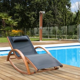 Chaise longue fauteuil berçant à bascule transat bain de soleil rocking chair en bois charge 120 Kg noir