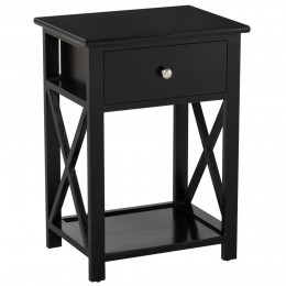 Table de chevet table de nuit style cosy avec croix latérales tiroir et étagère bois et MDF noir