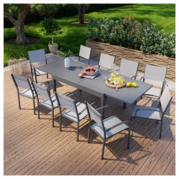 Table de jardin extensible en aluminium 270cm + 10 fauteuils empilables textile anthracite gris - MILO 10