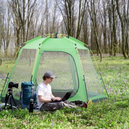 Tente de camping familiale 6 personnes montage instantanée Pop-up 4 fenêtres 2 portes dim. 320L x 320l x 176H cm fibre verre polyester vert gris