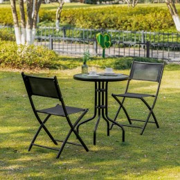 Salon de jardin bistro 2 chaises pliables - table ronde dim. Ø60 x 70H cm - plateau verre trempé métal époxy textilène noir