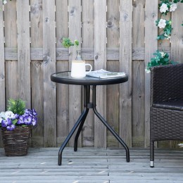 Table basse ronde bistro de jardin dim. Ø 50 x 55H cm piètement trépied métal époxy noir plateau verre trempé