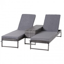 Lot de 2 transats bains de soleil design - grand confort - matelas déhoussable, inclinaison réglable multi-positions - table basse - résine tressée grise