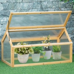 Mini serre de jardin serre à tomates dim. 90L x 52l x 49,5H cm toit ouvrable panneaux de polycarbonate bois sapin pré-huilé
