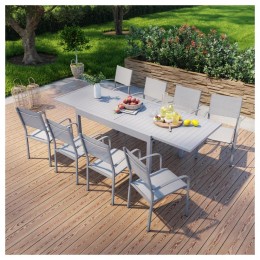 Table de jardin extensible en aluminium 270cm + 8 fauteuils empilables textile gris - MILO 8