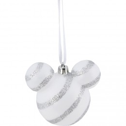 Boule de Noël Disney forme tête de Mickey rayé blanc et argenté
