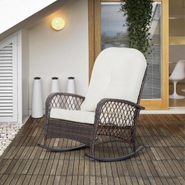 Fauteuil à bascule rocking chair intérieur extérieur en résine tressée avec coussins moelleux - dim. 75L x 103P x 96H cm - marron crème