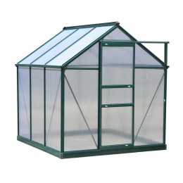 Serre de jardin aluminium polycarbonate 3,65 m² dim. 1,9L x 1,92l x 2,01H m lucarne, porte coulissante + fondation incluse alu. vert polycarbonate transparent