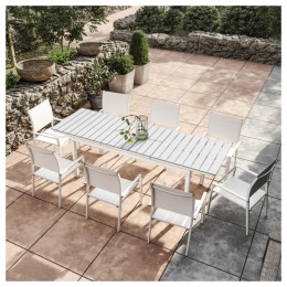 Table de jardin extensible aluminium blanc gris 180/240cm + 8 fauteuils empilables textilène - PALMA 8