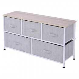 Commode meuble de rangement dim. 100L x 30l x 54H cm 5 tiroirs non-tissés gris structure acier blanc plateau MDF bois clair