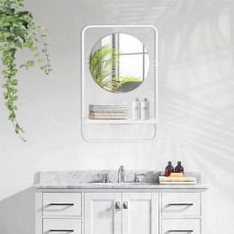 Mirror d'entrée salle de bain cadre métallique blanc avec étagère L.41 x H.64 cm