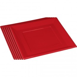 Assiette plate carrée rouge en plastique réutilisable x6