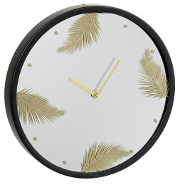 Horloge ronde motif tropical noir doré