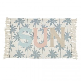 Tapis rectangulaire à franges motif palmier inscription Sun