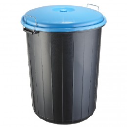 Poubelle plastique ronde noire avec couvercle bleu 70 L