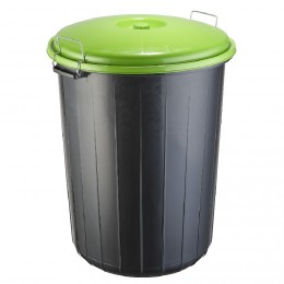 Poubelle plastique ronde noire avec couvercle vert 70 L