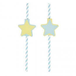 Paille bleu et étiquette étoile en papier x 24