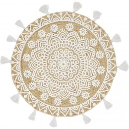 Tapis rond à franges jute naturel motif rosace blanc
