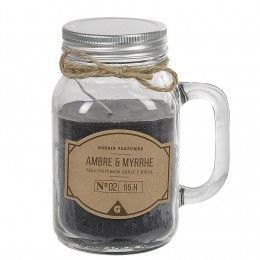 Bougie noire dans mug en verre avec couvercle senteur myrrhe ambre