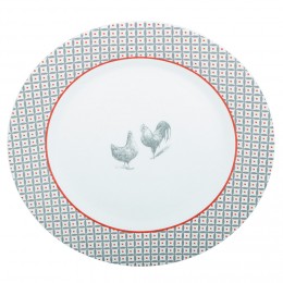 Assiette plate ronde design poule rebord motif triangulaire