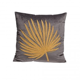 Coussin gris en velours motif feuille de palmier dorée