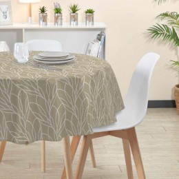 Nappe ronde polyester anti tâche motif feuilles taupe