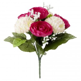 Piquet renoncule+mum H27 cm rouge blanc - Fleur artificielle 7 têtes