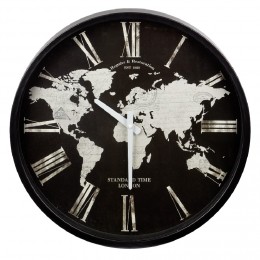 Horloge chiffre romain style industriel motif carte du monde noir