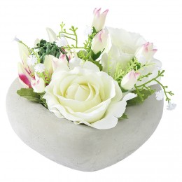 Fleurs artificielles blanc rose H14 cm dans pot en ciment
