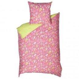Parure de lit en coton rose et vert motif fleurs 140x200 cm