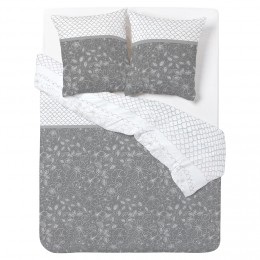 Parure de lit et 2 taies motif fleur et écaille gris 220x240 cm