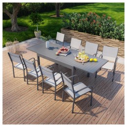 Table de jardin extensible en aluminium 270cm + 8 fauteuils empilables textile anthracite gris - MILO 8