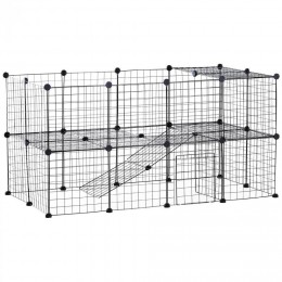 Cage parc enclos pour animaux domestiques L 146 x l 73 x H 73 cm modulable 2 niveaux 36 panneaux bords arrondis fil métallique noir