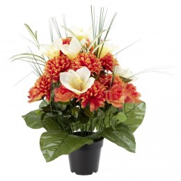 Pot chrysanthème+rose+lys H58 cm orange - Fleur artificielle 36 têtes