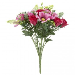 Piquet rose+anémone+eucalyptus H41 cm rose -Fleur artificielle 24 têtes