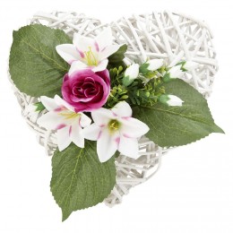 Coeur en rotin + rose artificielle violet blanc H18 cm