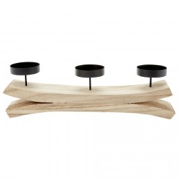 Centre de table naturel en bois avec 3 photophores noirs en métal
